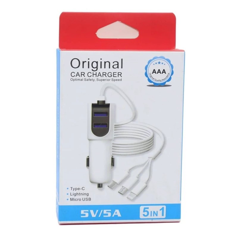 شارژر فندکی 5 کاره مدل WKN-03A مجهز به 3 کابل متصل لایتنینگ،تایپ سی،میکرو USB و 2 پورت USB برای شارژ همزمان 5 دستگاه