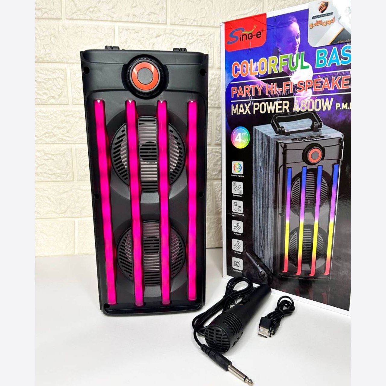 اسپیکر بلوتوثی سینگ ای پارتی باکس طرح چوب رقص نور RGB + میکروفون بمب رم خور فلش خور قابل حمل میکروفون دار(پس کرایه)