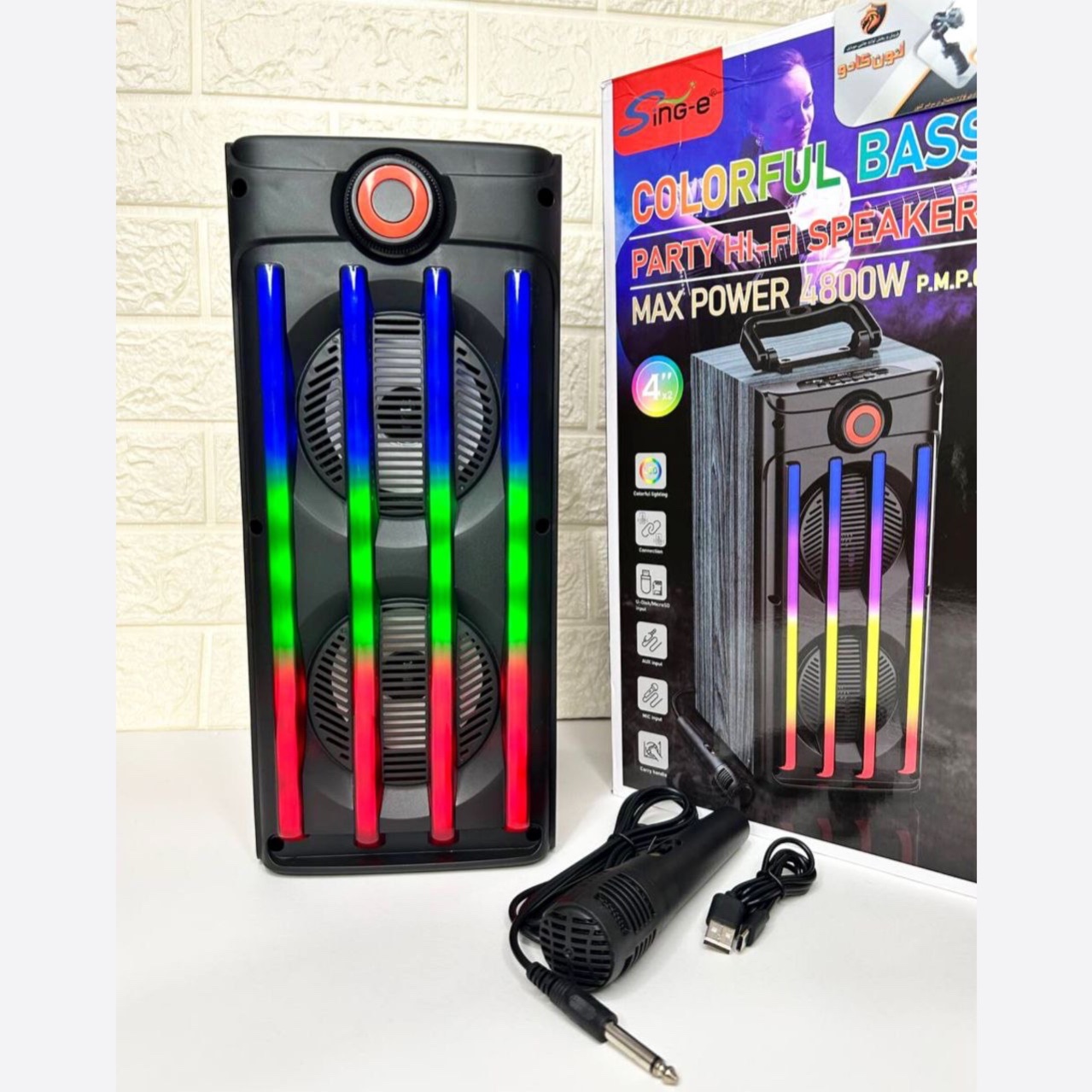 اسپیکر بلوتوثی سینگ ای پارتی باکس طرح چوب رقص نور RGB + میکروفون بمب رم خور فلش خور قابل حمل میکروفون دار(پس کرایه)