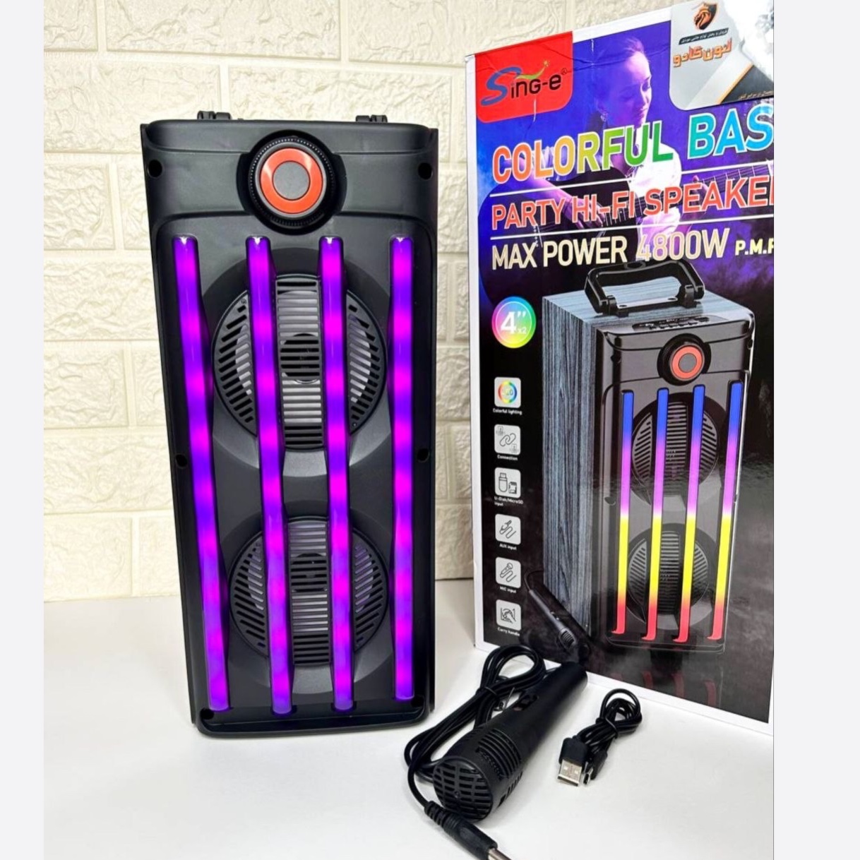 اسپیکر بلوتوثی سینگ ای پارتی باکس طرح چوب رقص نور RGB + میکروفون بمب رم خور فلش خور قابل حمل میکروفون دار(پس کرایه)