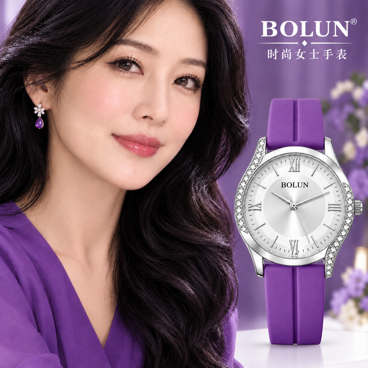 ساعت زنانه بولان BOLUN بند سلیکون نگین دار بنفش