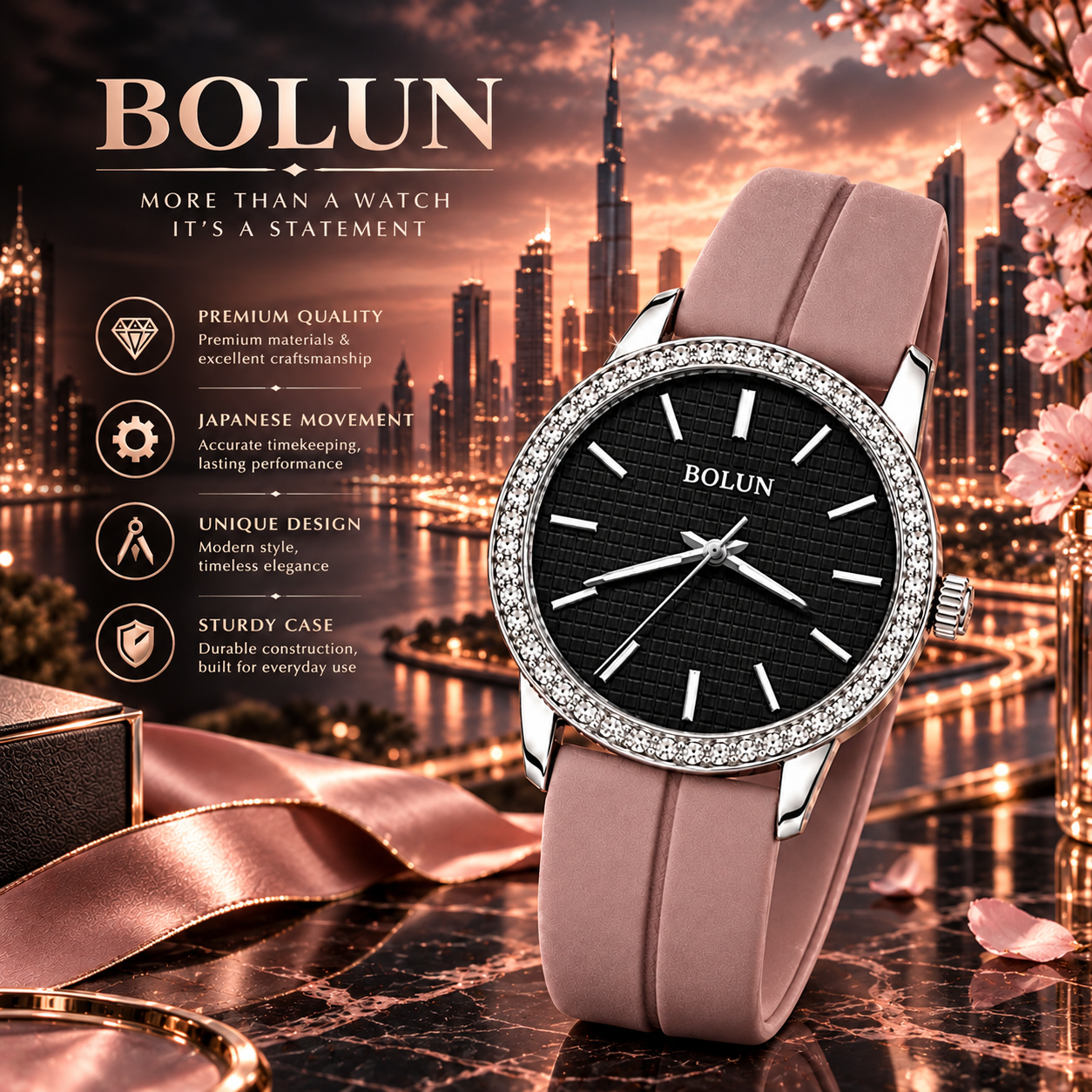 ساعت زنانه بولان BOLUN بند سلیکون کالباسی