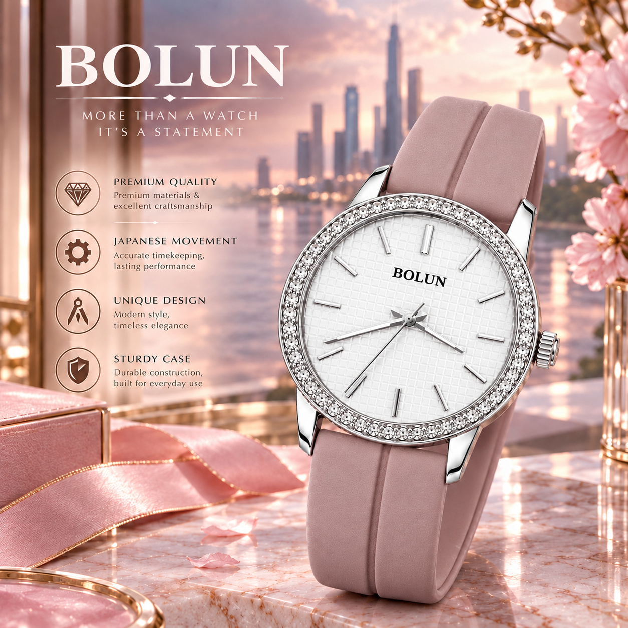 ساعت زنانه بولان BOLUN بند سیلیکون کالباسی نگینی