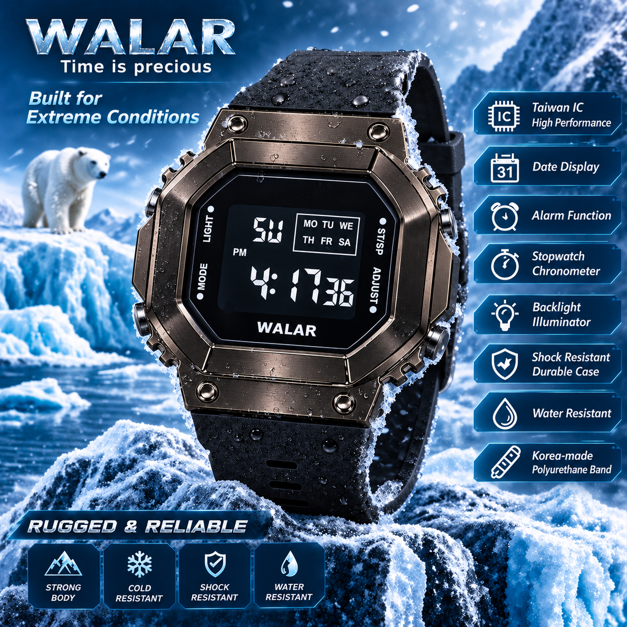 ساعت دیجیتال والار walar رنگ کربنی شیک زیبا