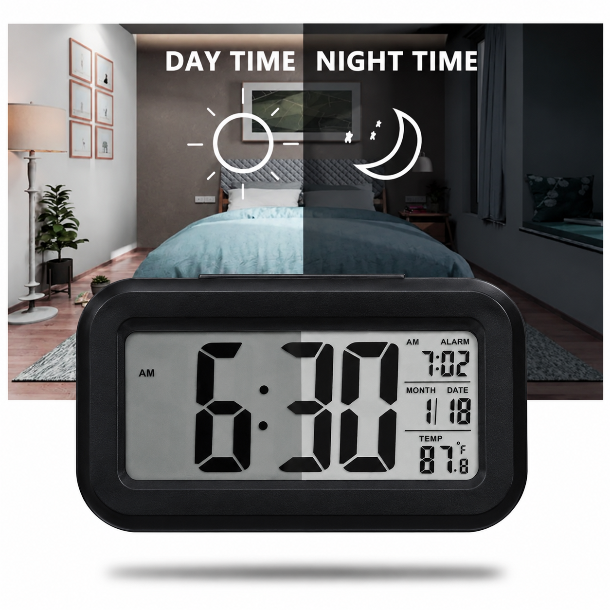 ساعت رومیزی آلارمدار دیجیتال دماسنجدار با نور پس زمینه led