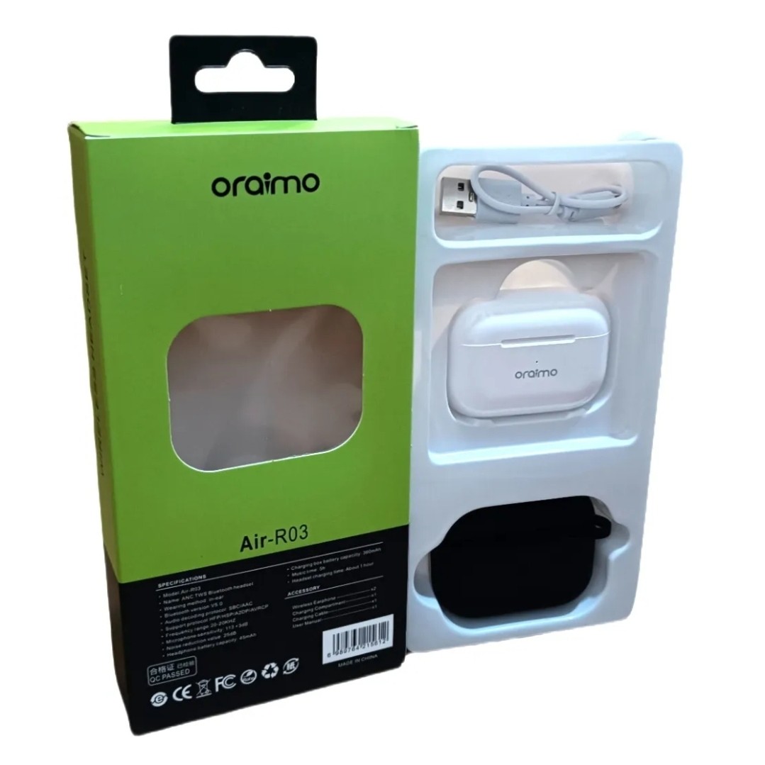 ایرپاد هندزفری بلوتوثی Air-R03 oraimo باکیفیت دوگوش همراه با گارد و کابل باتری بزرگ گیمینگ لمسی بلوتوث ورژن 5/3
