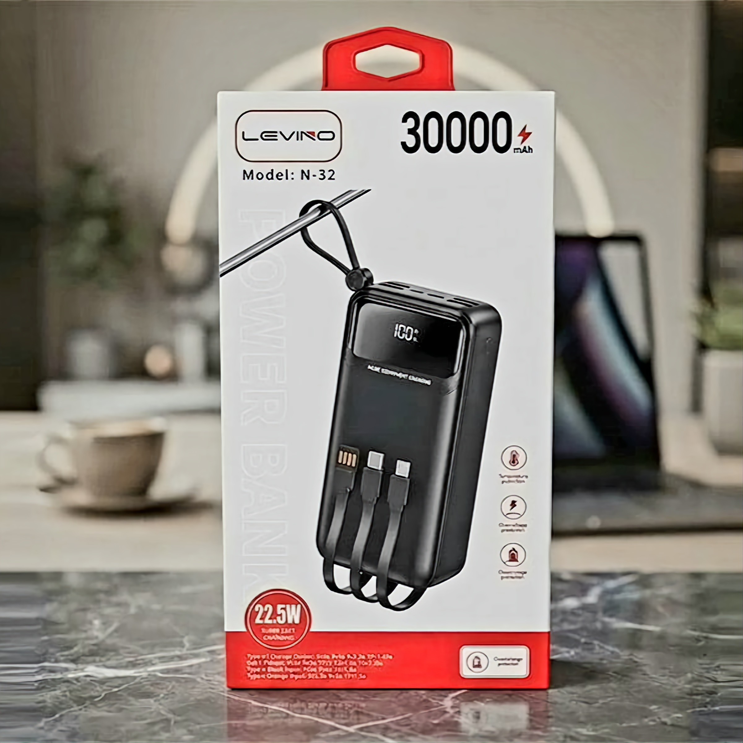 پاوربانک غول LEVINO 30000mAh اصلی 22/5 فست 4/5 آمپر کمپینگ شرگتی هشن خروجی