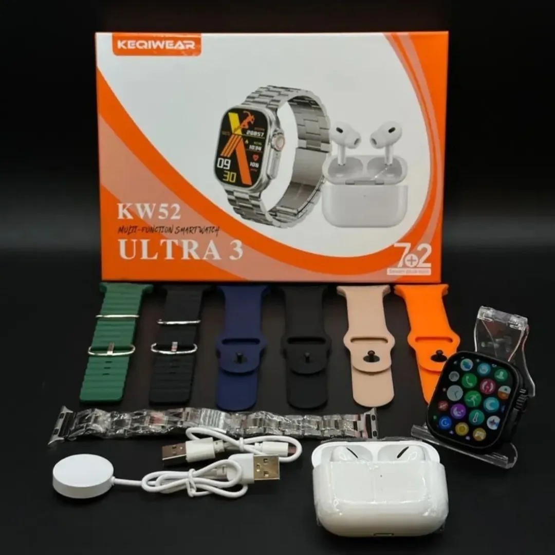 ساعت هوشمند KW52 ULTRA 3 هفت بند همراه با ایرپاد بند فلزی ورژن 2027 تمام صحفه اورجینال (کامل ترین پک ساعت