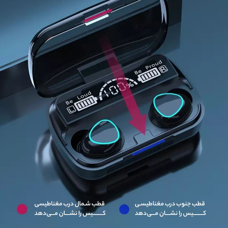 ایرپادM10 اورجینال شارژ بالا لمسی ورژن 5/3 میکروفن عالی گیمینگ ضدآب پاوربانک دار کیفیت درجه یک صحفه نمایش دار