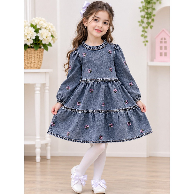 پیراهن جین شکوفه دخترانه